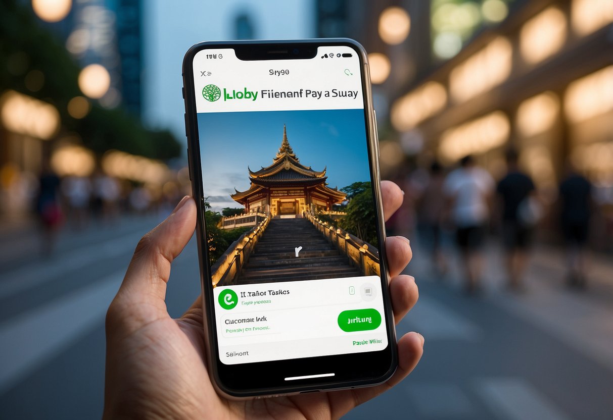 A smartphone displaying the WeChat Pay Singapore app with the "Frequently Asked Questions" section open, surrounded by various payment methods and a Singaporean landmark in the background