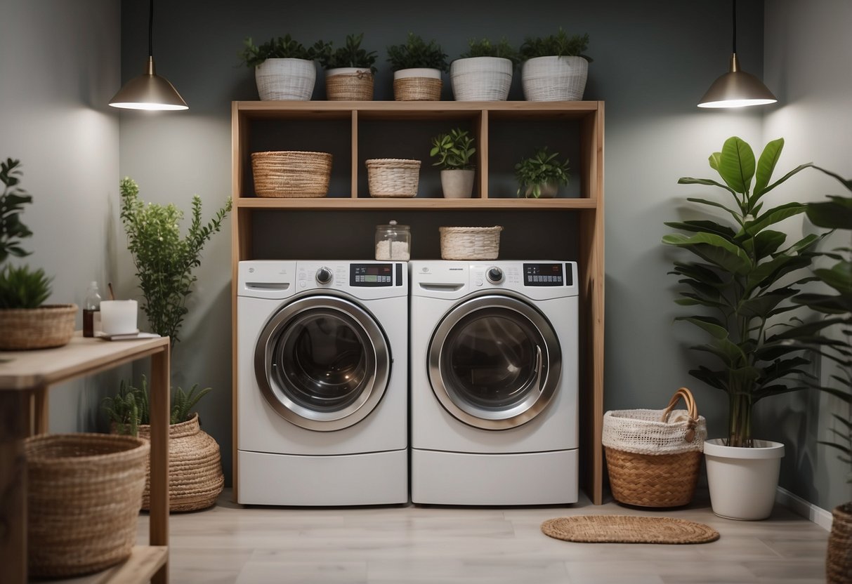 The basement laundry room is spacious with bright lighting, modern appliances, and ample storage. The walls are painted in a soothing color, and there are decorative shelves and plants to add warmth to the room