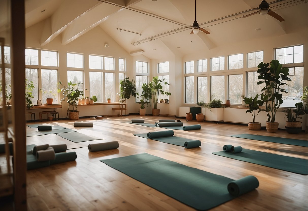 A serene yoga studio with mats, props, and soft lighting. A tranquil atmosphere with soothing music and a personalized experience for each student