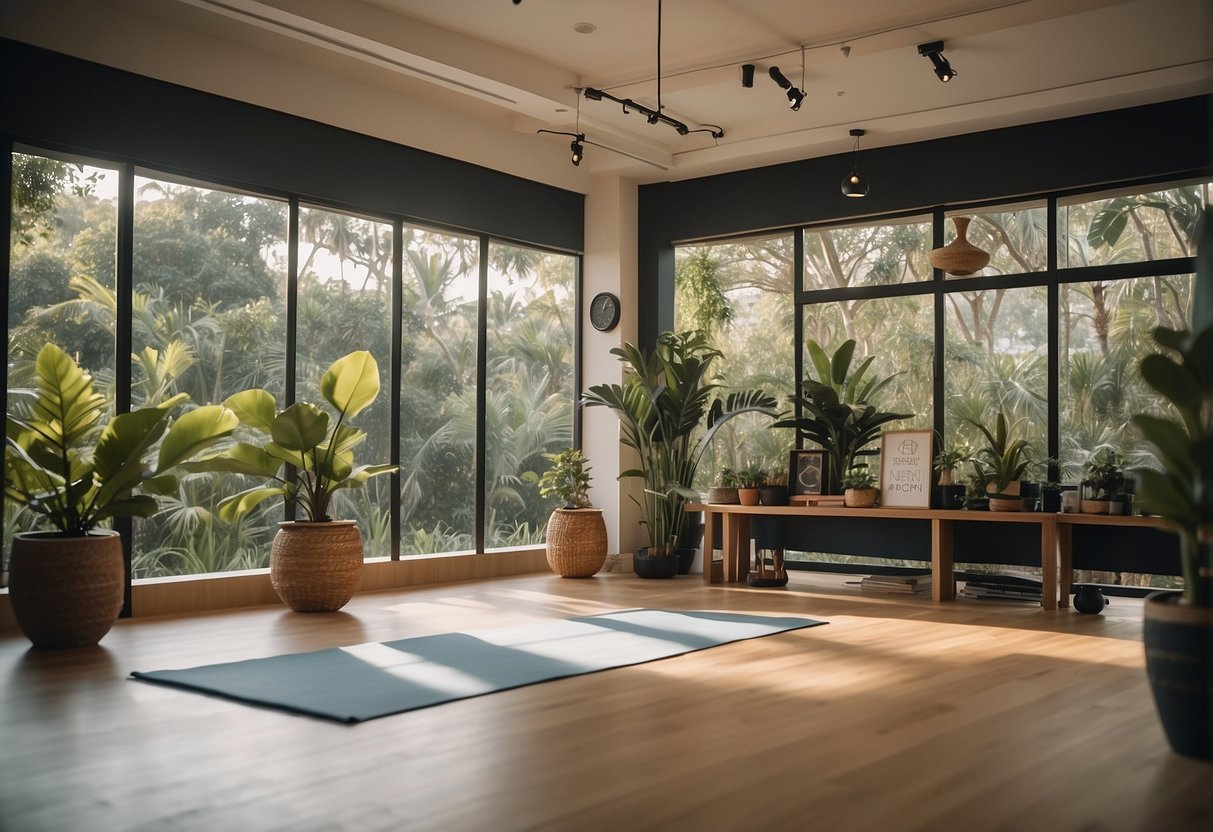 A serene yoga studio with a sign reading "Frequently Asked Questions yoga singapore" surrounded by peaceful decor and yoga props