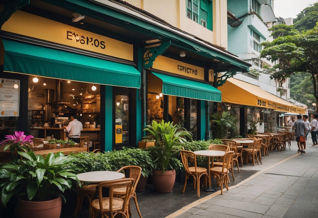 A bustling street with a vibrant cafe at 202 Telok Ayer St, Singapore 068639. The cafe exudes a welcoming and lively atmosphere