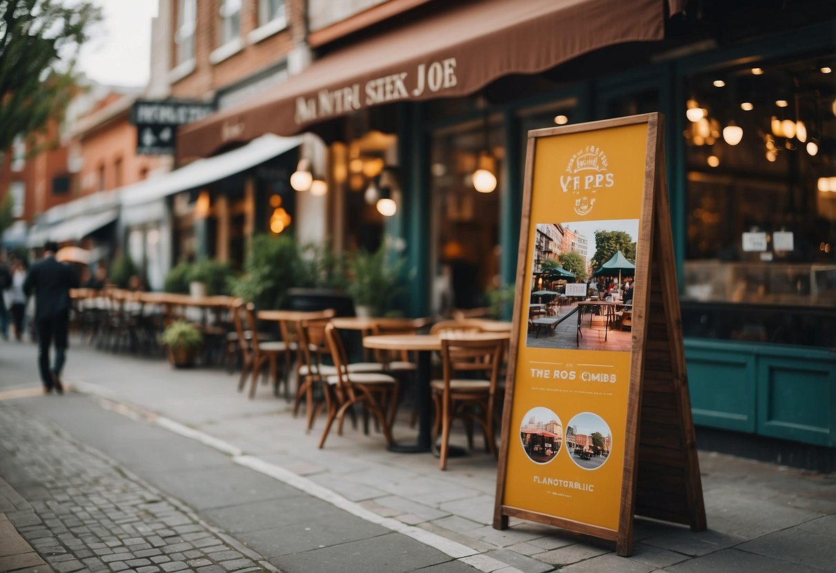 A bustling cafe with a colorful exterior, outdoor seating, and a welcoming sign. Surrounding buildings and a busy street add to the lively atmosphere