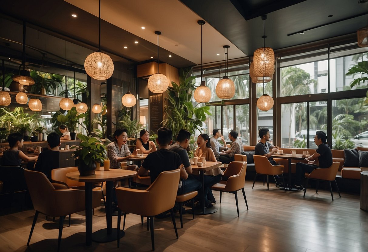 Customers enjoy coffee at a modern cafe in Singapore's Telok Ayer Street. The sleek interior and warm atmosphere make it a popular spot