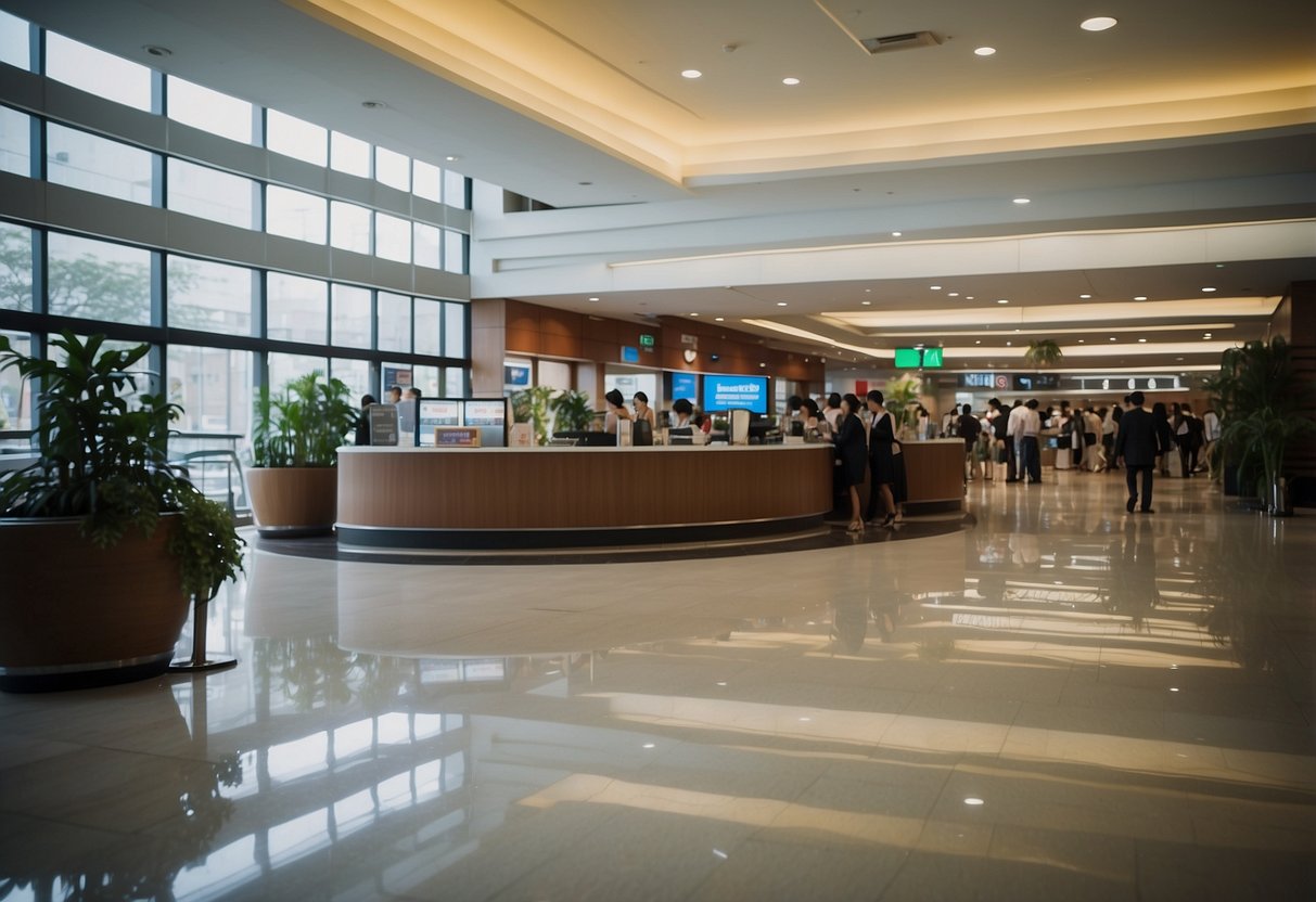 The bustling lobby of Anson Road International Plaza, with people seeking information at the Frequently Asked Questions desk