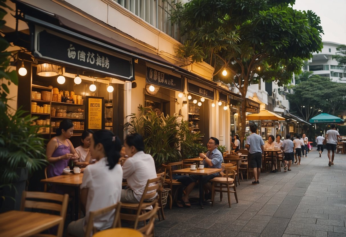 A bustling cafe on Telok Ayer Street, Singapore. Bright signage and outdoor seating. People coming and going