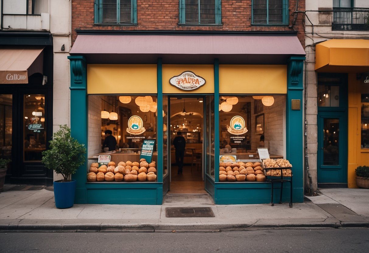 A colorful storefront with the iconic Beard Papa logo, surrounded by bustling streets and happy customers enjoying their cream puffs