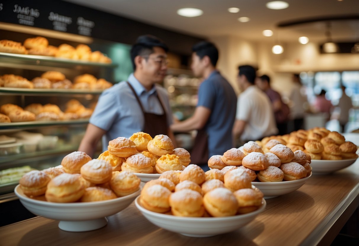 Customers enjoying a variety of cream puffs at Beard Papa's in Singapore. The colorful display of pastries and the bustling atmosphere of the store