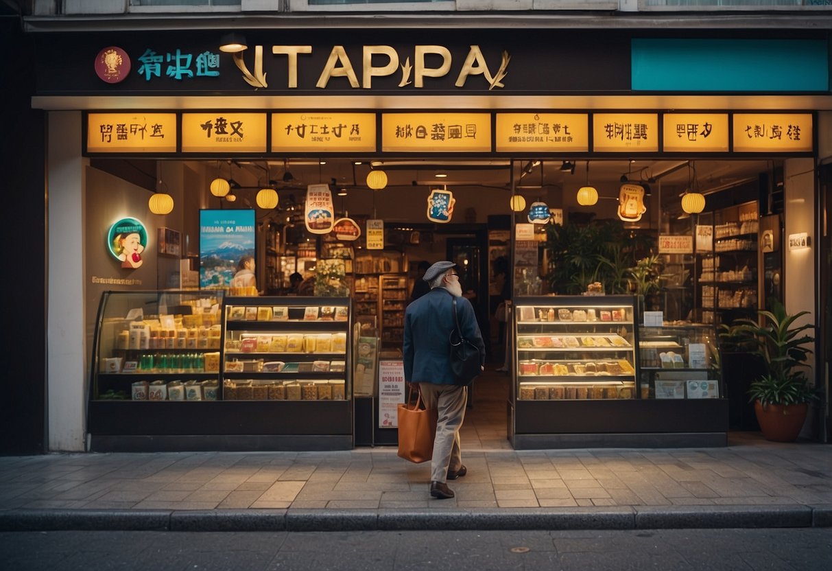 A colorful storefront with a sign reading "Visitor Information" and "beard papa singapore." People walking by, some stopping to look at the display