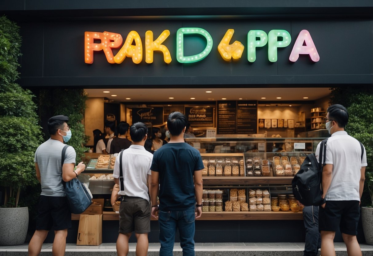 A colorful display of Beard Papa Singapore's frequently asked questions sign with a queue of customers waiting outside the store