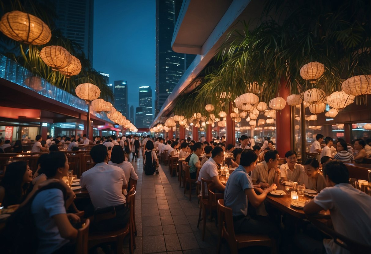 The bustling streets of Singapore's Akira Back restaurant, with vibrant neon lights and bustling crowds