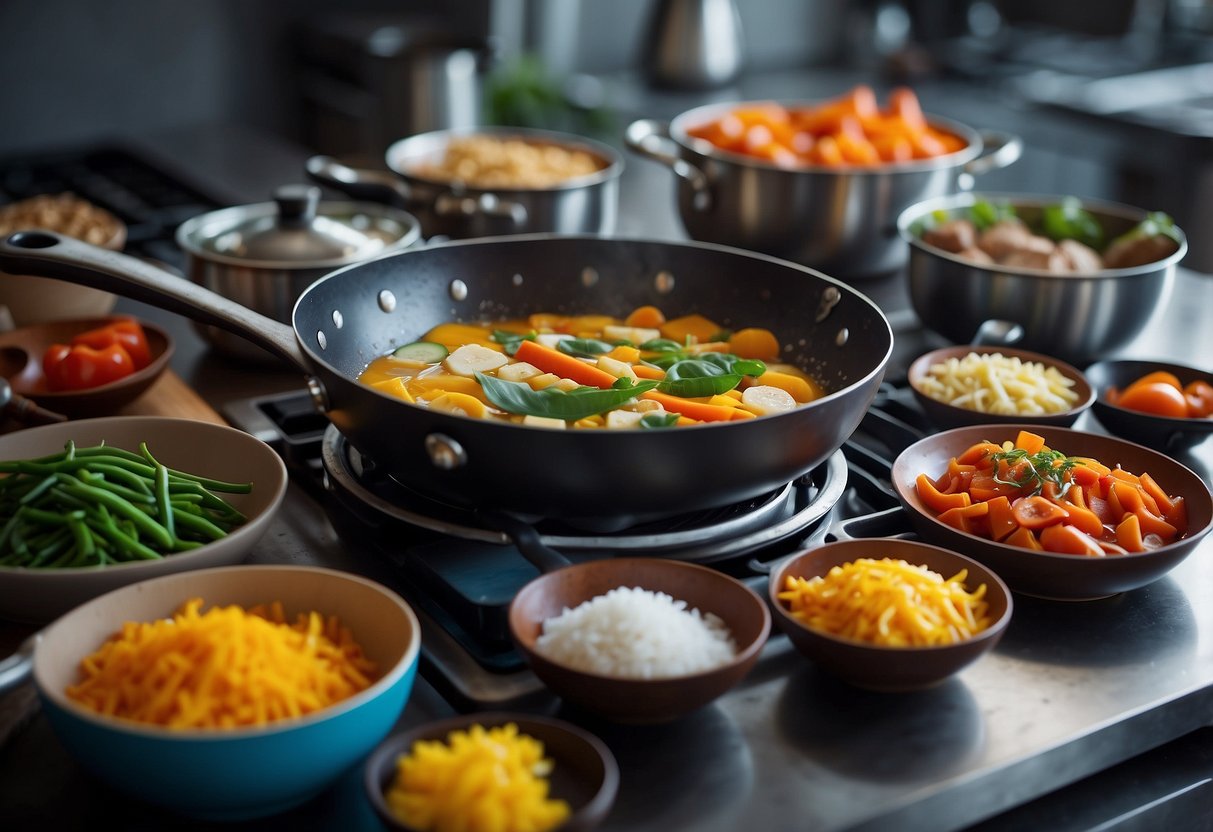 Akira Back's culinary journey depicted through a vibrant kitchen scene with sizzling pans, colorful ingredients, and a dynamic mix of Asian and international cooking utensils