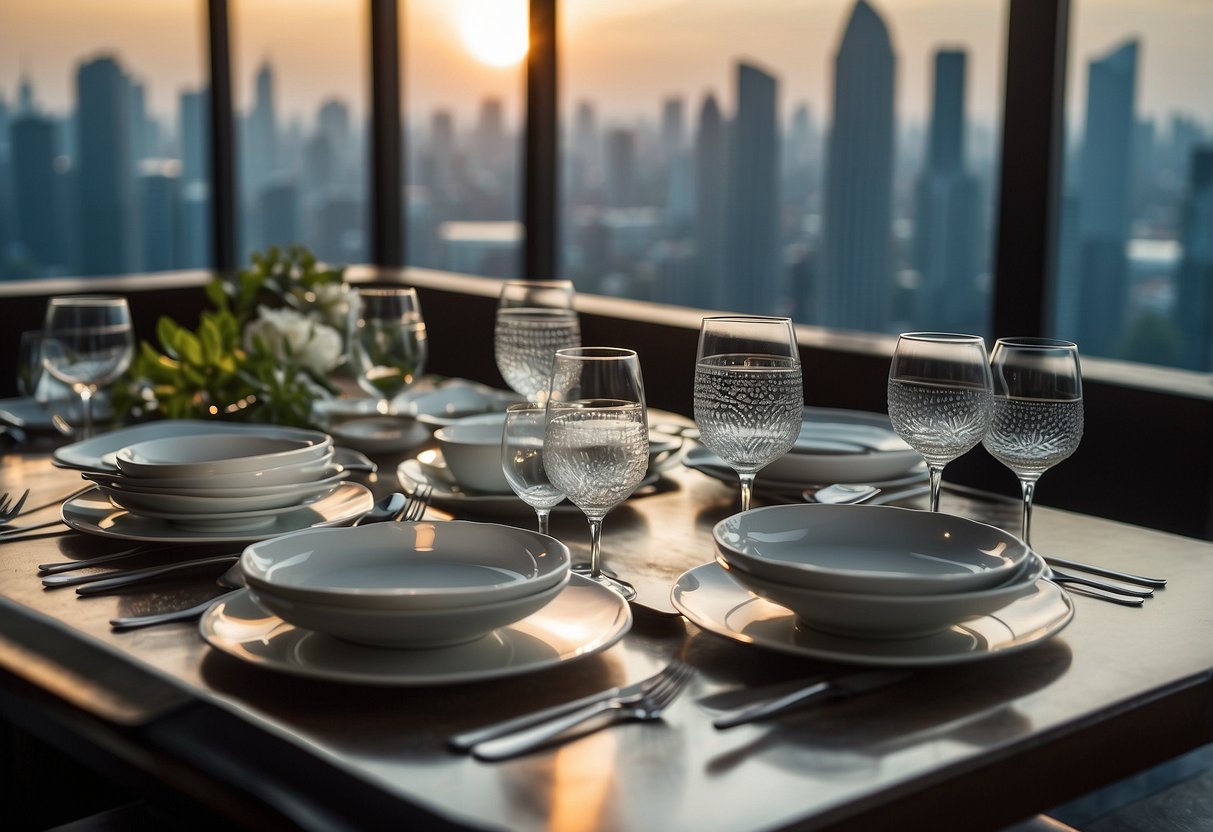 A table set with elegant dinnerware at Akira Back Singapore, with a view of the city skyline through floor-to-ceiling windows