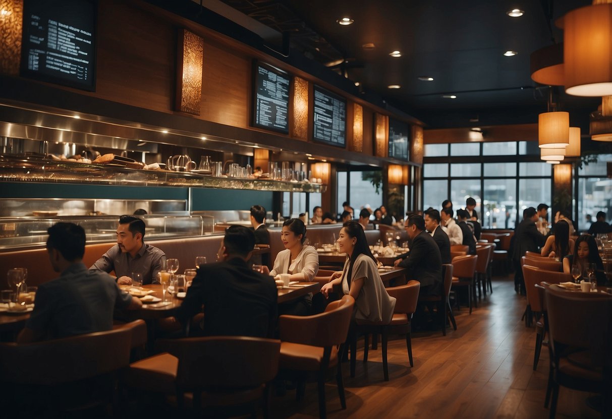 A bustling restaurant with modern decor, filled with diners enjoying Asian fusion cuisine, while servers move efficiently between tables