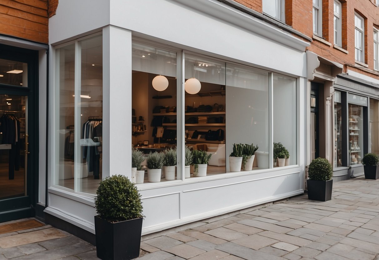 A cozy, minimalist storefront with a white facade and large windows, showcasing trendy clothing and accessories