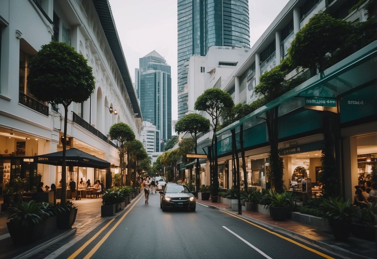 A bustling street in Singapore with a prominent Brandy Melville storefront, surrounded by modern buildings and vibrant city life
