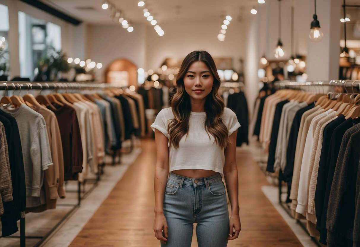 Shoppers browsing racks of trendy clothing, minimalist decor, and soft lighting at Brandy Melville Singapore