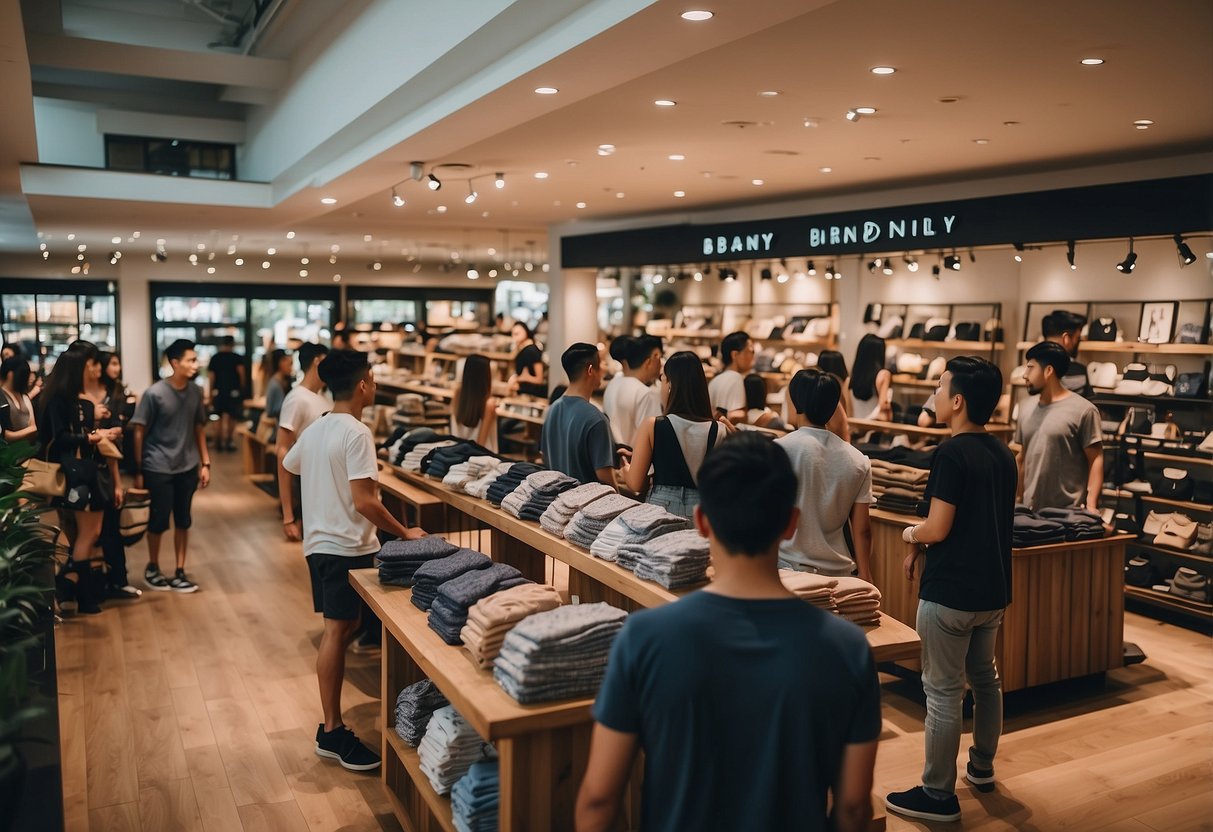 A crowded Brandy Melville store in Singapore, with shelves of trendy clothing, a queue at the cashier, and customers browsing