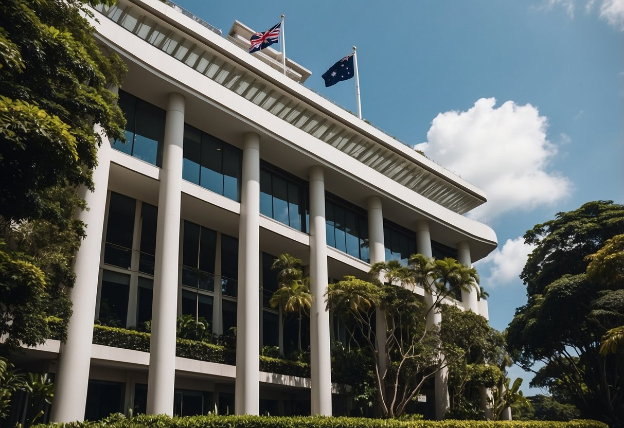 The Australian High Commission in Singapore stands tall and proud, with the Australian flag waving in the breeze. The building is surrounded by lush greenery, creating a peaceful and inviting atmosphere