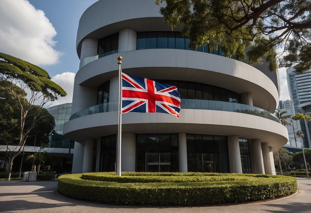 The Australian High Commission in Singapore provides consular services to citizens. The building exterior features the Australian flag and signage