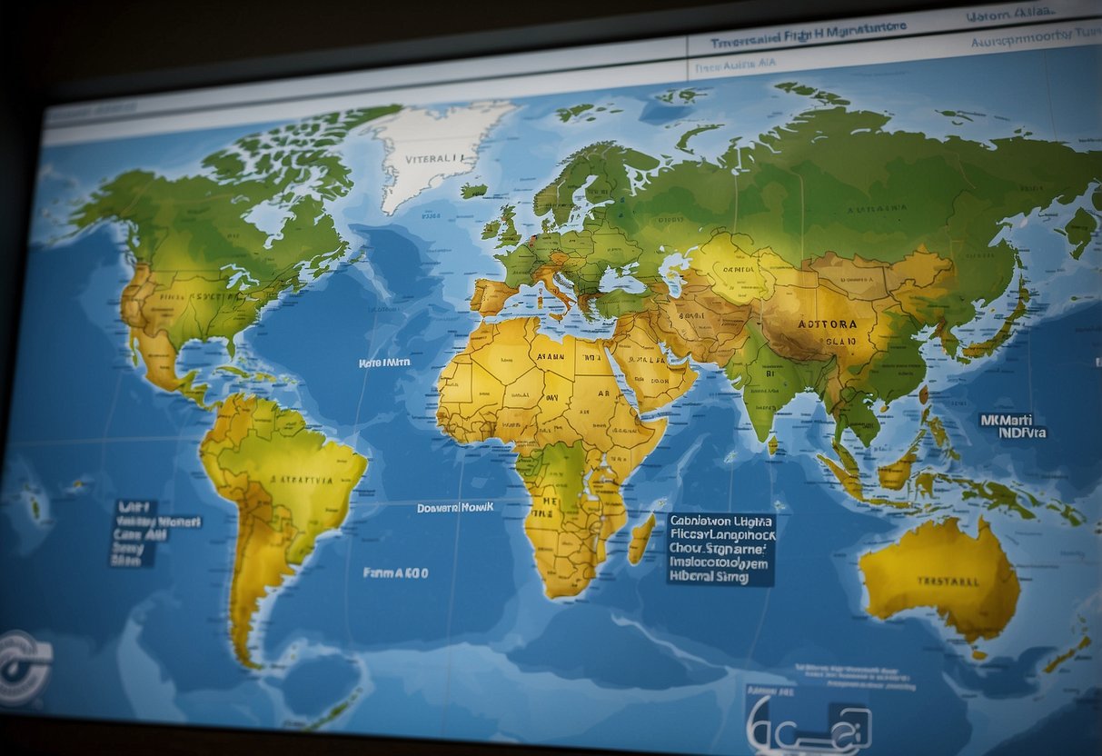 A map of Australia and Singapore with travel advisory information displayed on a digital screen at the Australian High Commission in Singapore