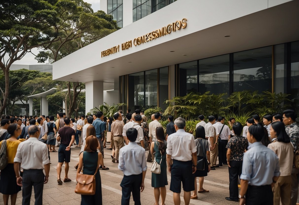 The Australian High Commission in Singapore with a sign displaying "Frequently Asked Questions" and people lining up for assistance