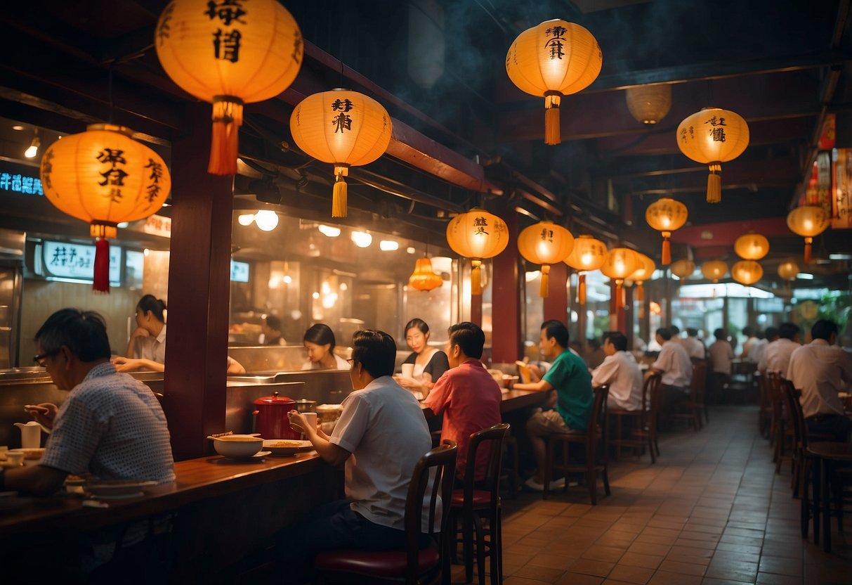 Busy cantonese restaurant in Singapore, with colorful decor, hanging lanterns, and steaming dim sum carts. Sounds of sizzling woks and lively chatter fill the air
