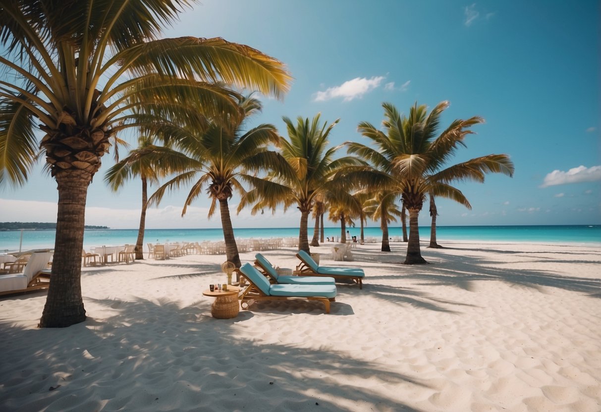Palm trees sway on a white sandy beach, with turquoise waters and a luxurious beach club in the background