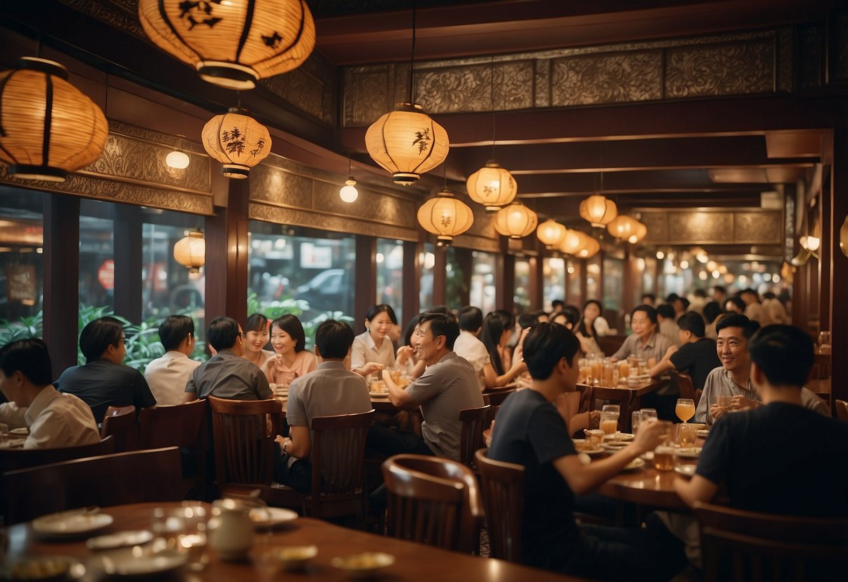 Patrons savoring traditional Cantonese dishes in a bustling Singapore restaurant, surrounded by ornate decor and the aroma of sizzling woks