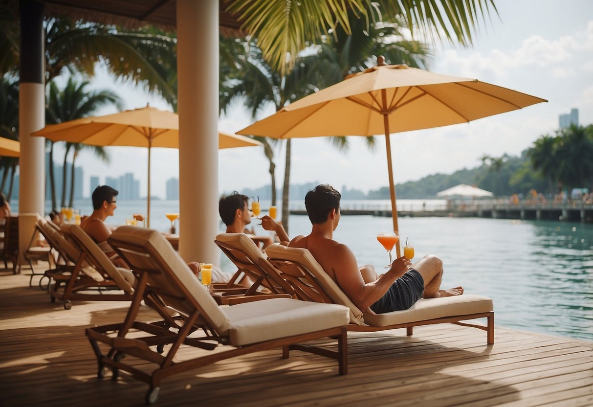 People lounging on sunbeds, sipping cocktails, and enjoying the view of the crystal-clear waters at a beach club in Singapore