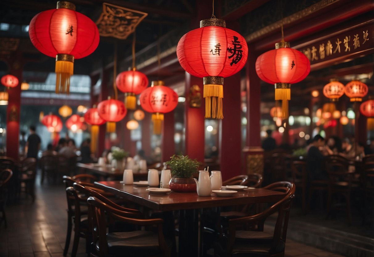 The bustling restaurant is adorned with red lanterns and ornate Chinese decor. Aromatic steam rises from sizzling woks as diners enjoy traditional Cantonese cuisine