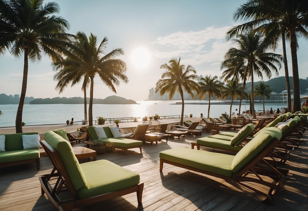 A vibrant beach club in Singapore with palm trees, sun loungers, and a sparkling pool overlooking the ocean