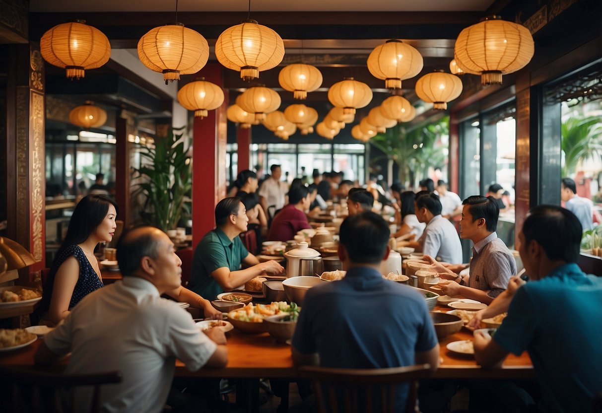 A bustling Cantonese restaurant in Singapore with a long queue of customers, colorful decor, and steaming plates of dim sum being served