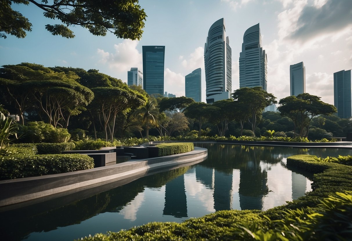Black Rock Singapore: A sleek, modern building nestled among lush greenery with a backdrop of the city skyline and a tranquil water feature