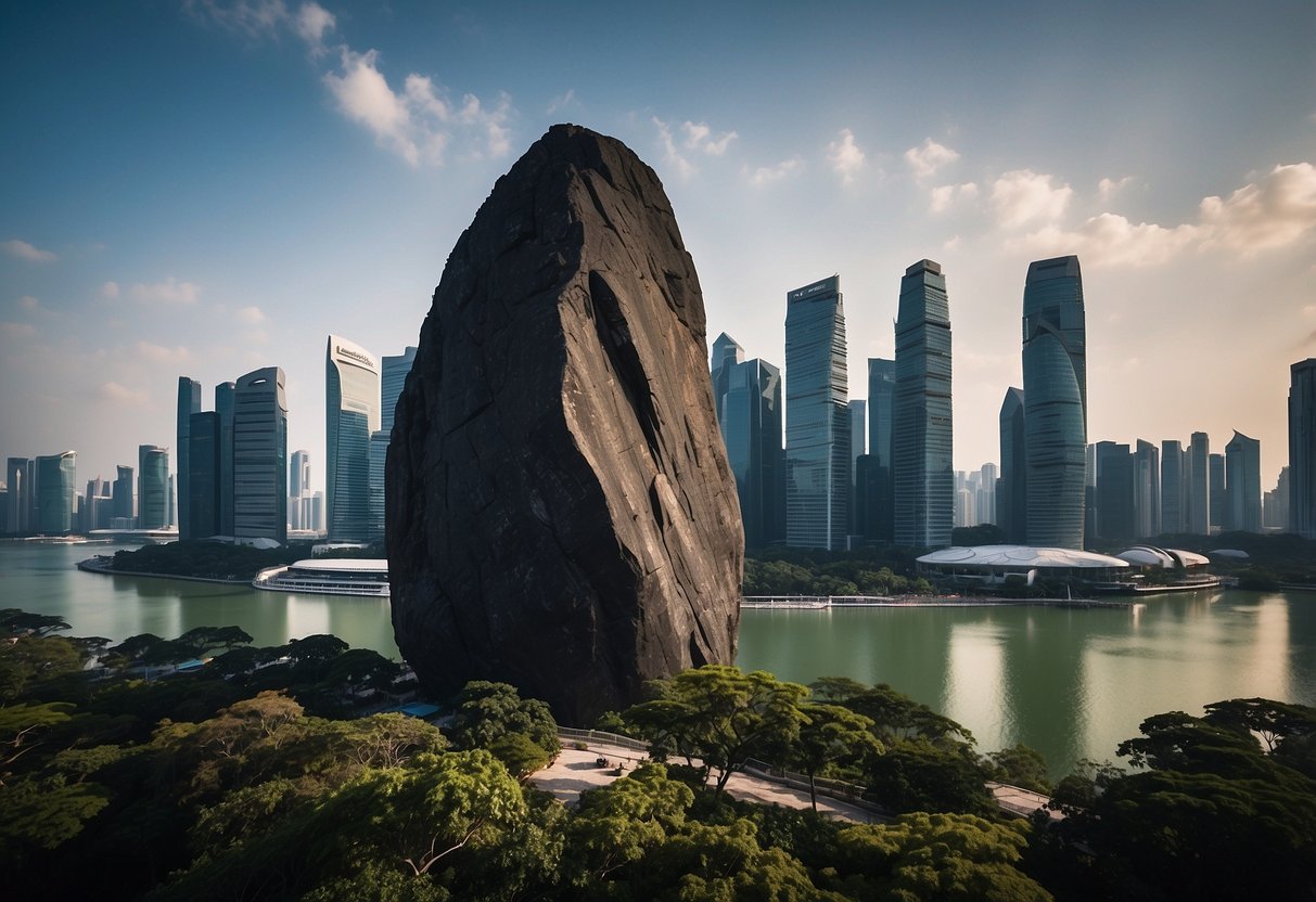 A towering black rock stands amidst the bustling city of Singapore, casting a dramatic shadow against the bright skyline