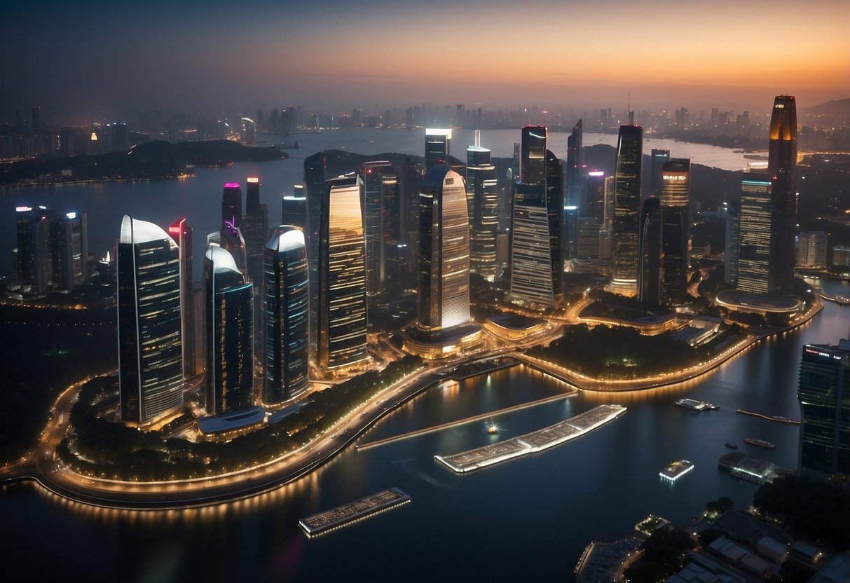 A bustling cityscape with modern skyscrapers and financial district signage, symbolizing investment opportunities and strategies at Black Rock Singapore