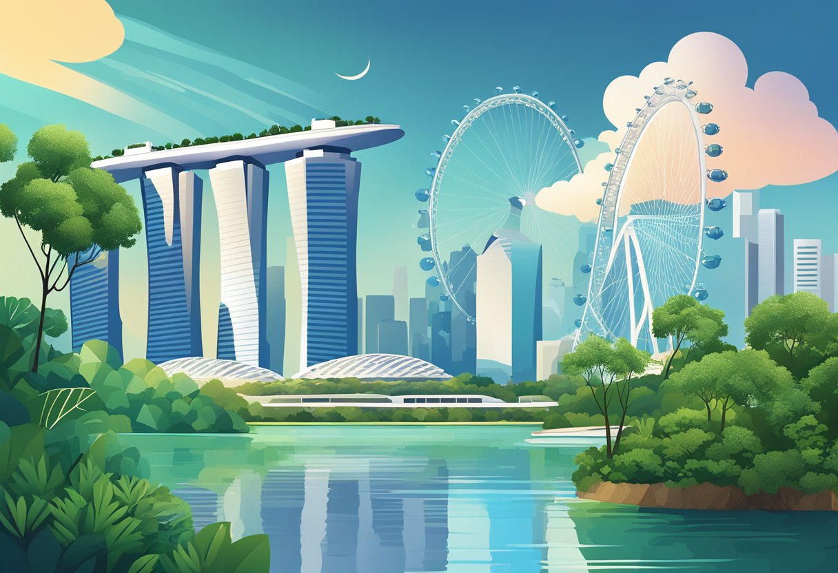 A sparkling skyline of modern skyscrapers against a backdrop of lush greenery, with the iconic Marina Bay Sands and the Singapore Flyer standing tall