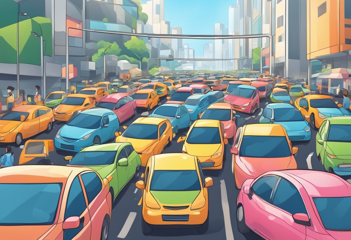 Cars gridlocked on a busy Singapore street, honking horns and flashing lights in the midst of a chaotic traffic jam