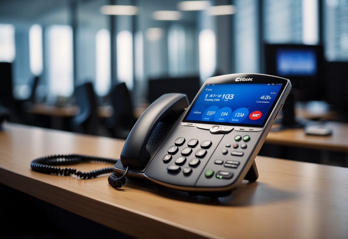 A phone with the Citibank Singapore hotline number displayed on the screen, surrounded by a clean and modern office environment