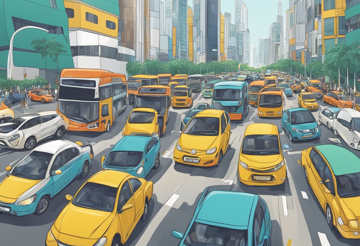 Cars and buses gridlocked on busy Singapore roads, caused by heavy traffic volume and road construction