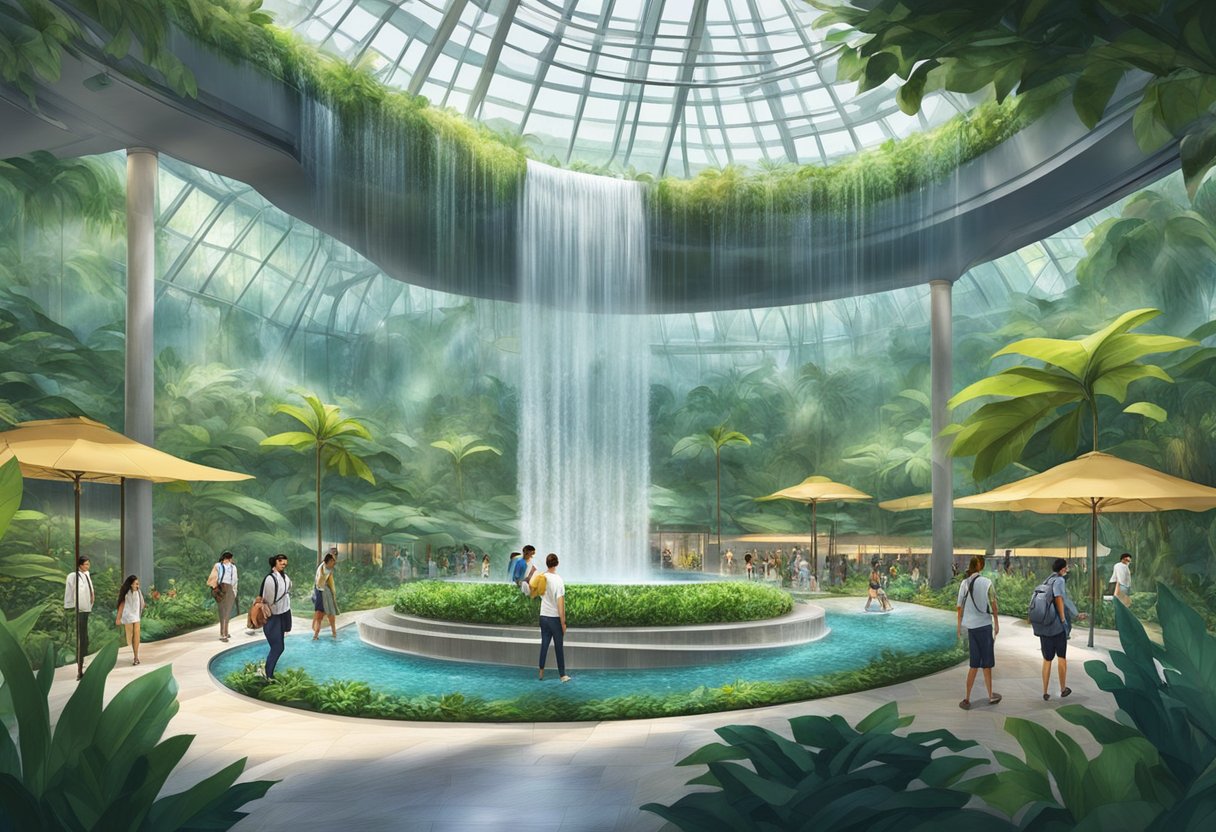 Visitors wander through lush gardens and admire the stunning indoor waterfall at Jewel Changi Airport in Singapore