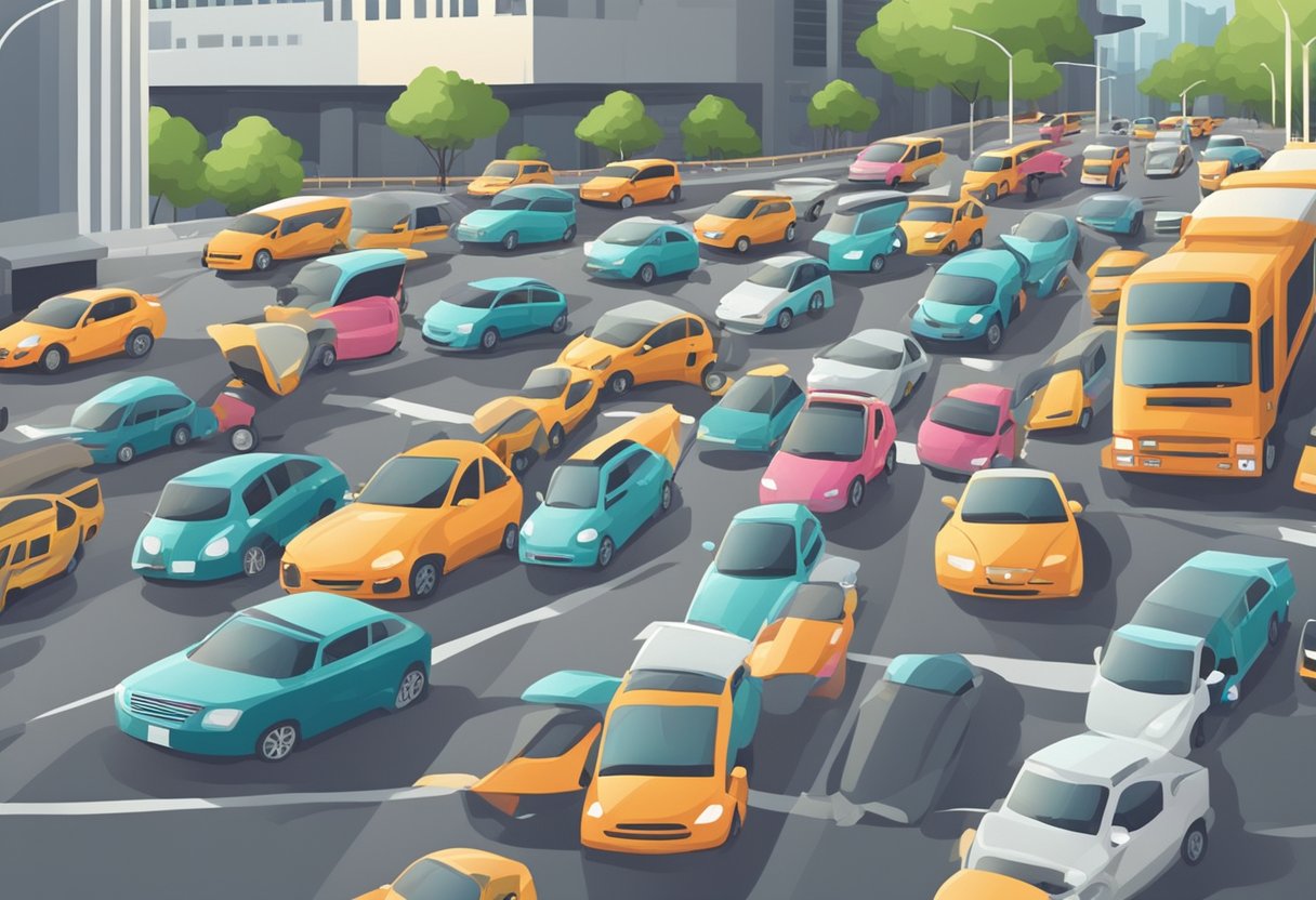 Cars gridlocked on a busy Singapore street, honking horns and frustrated drivers. Traffic management signs and congestion indicators visible