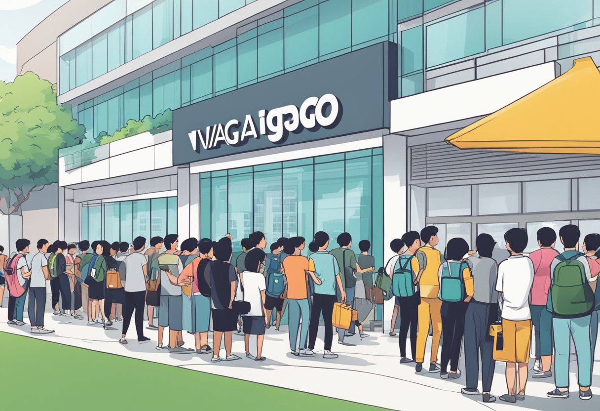 A bustling crowd outside Viagogo Singapore's office, with a line of eager customers waiting to purchase event tickets. Bright signage and a modern storefront complete the scene