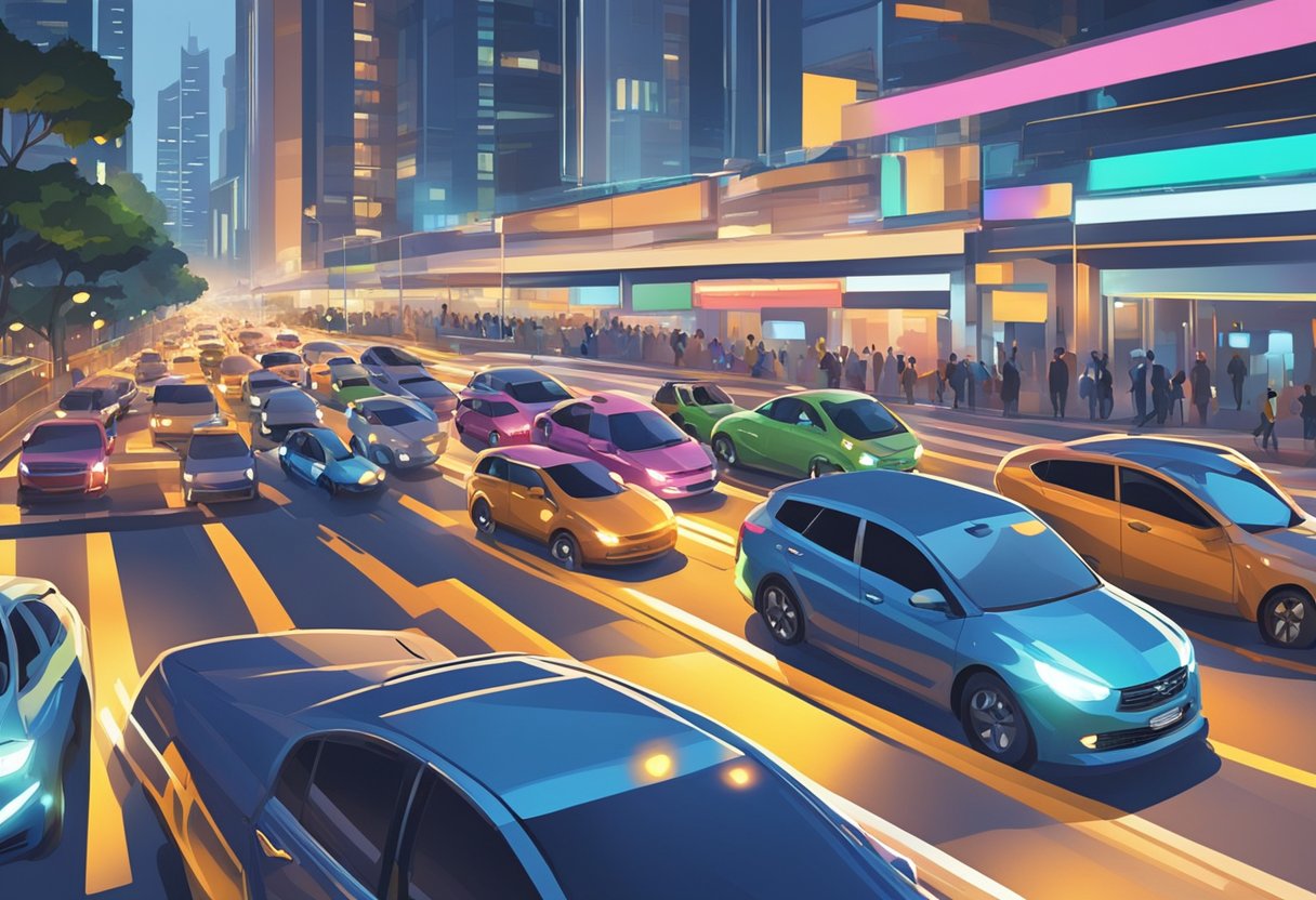 Cars gridlocked on a busy Singapore street, honking and frustrated drivers. Bright city lights in the background