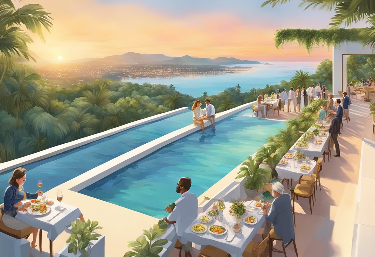 Guests enjoying panoramic views from the rooftop infinity pool, savoring fine dining at the top-rated restaurant, and exploring the lush gardens and art installations
