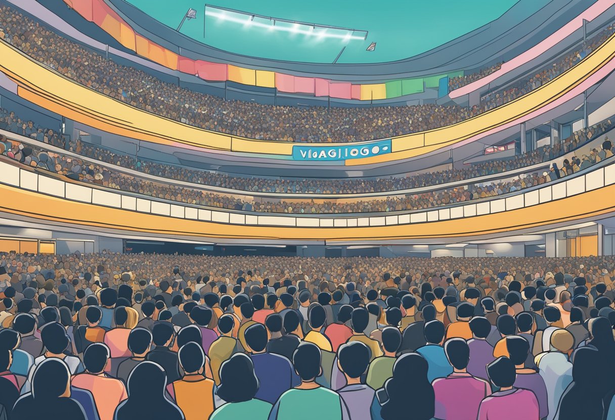 A crowded concert venue with a Viagogo Singapore banner displayed prominently, people buying and selling tickets, and a bustling atmosphere