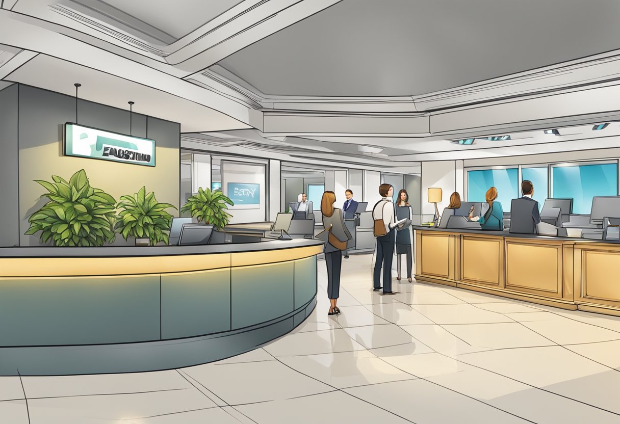 A bustling reception area with a prominent "Frequently Asked Questions" sign, surrounded by modern decor and a sense of organized efficiency