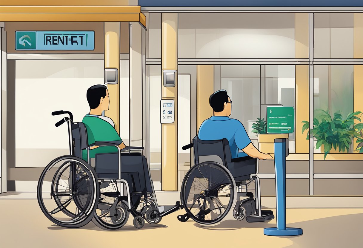 A wheelchair being rented in Singapore, with a rental sign and payment counter in the background