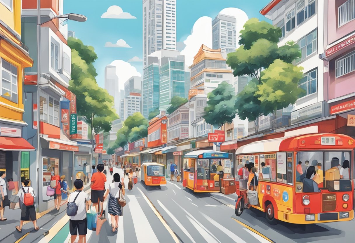 A bustling street in Singapore, with colorful shop houses and bustling activity. The iconic red and white zaobao newspaper boxes stand out against the urban backdrop