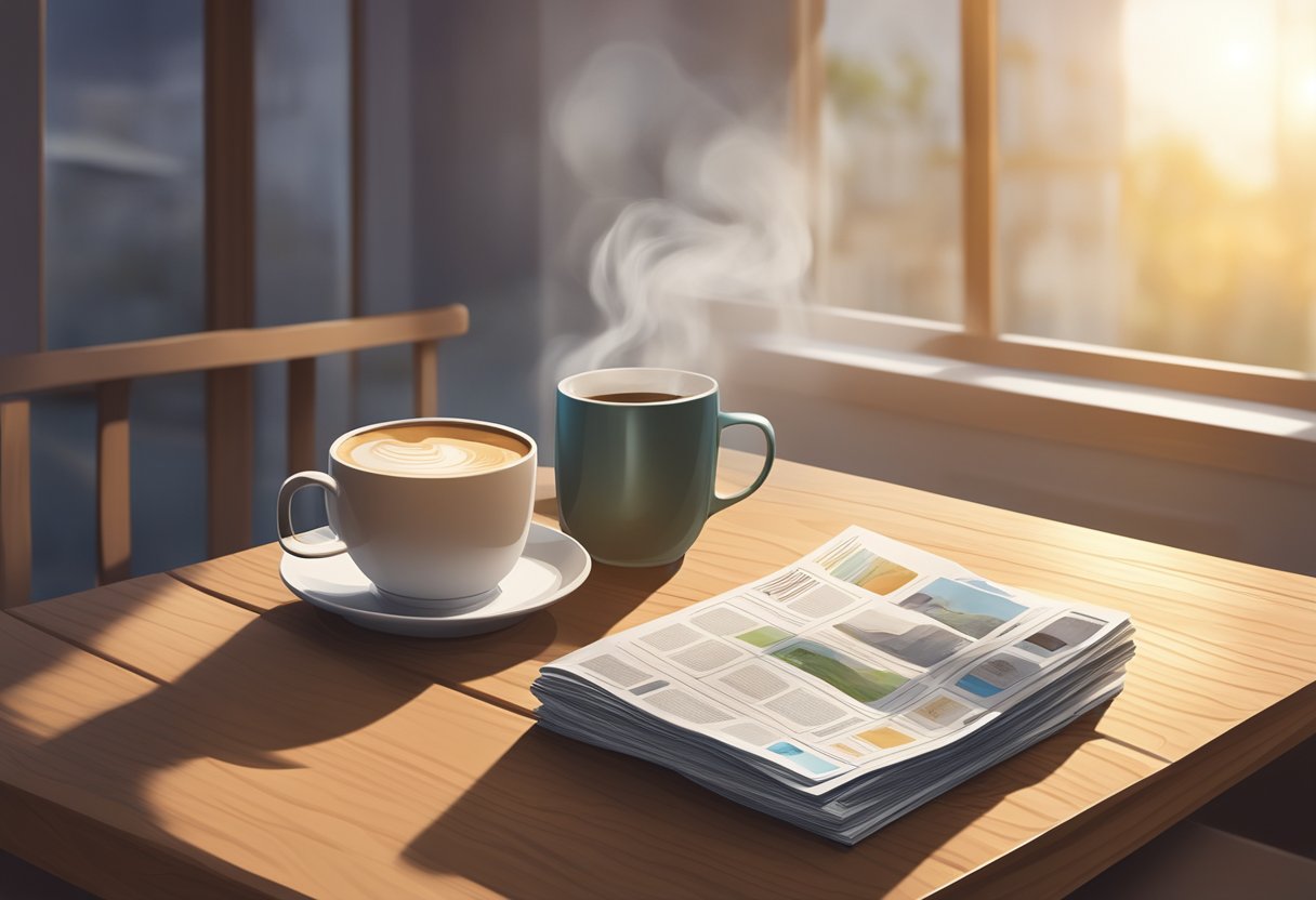 A stack of Lianhe Zaobao newspapers on a wooden table, with a steaming cup of coffee beside it. Sunlight filters through a window, casting shadows on the pages