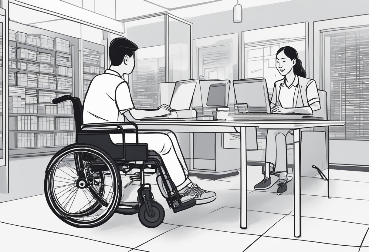 A customer fills out rental forms at a wheelchair rental office in Singapore, while a staff member explains the rental process and policies
